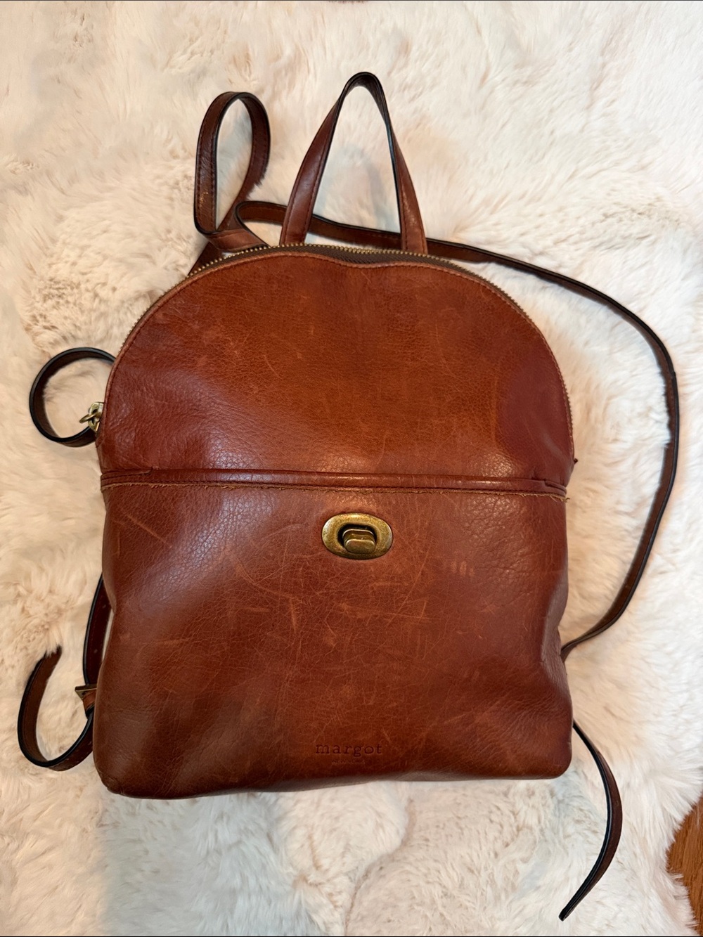 margot Chestnut Brown Leather Backpack with Turn-Lock Front